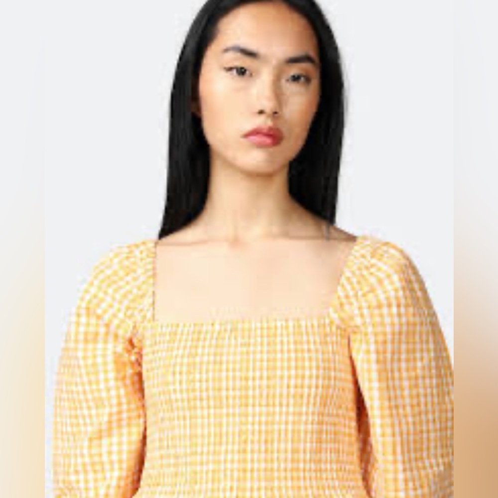 Design365 XS Yellow Gingham Seersucker Puff Sleeve Crop Top Shirred. EUC/NWOT?